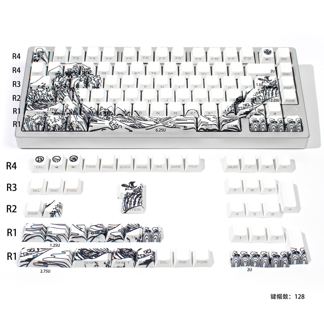 Ukiyo-e Theme Side-Lit Shine Through Keycaps White Red Black keycaps - Diykeycap
