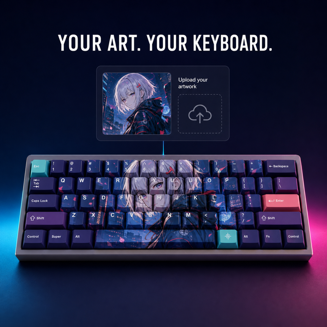 Pet photo uploaded and printed across a custom keycap set